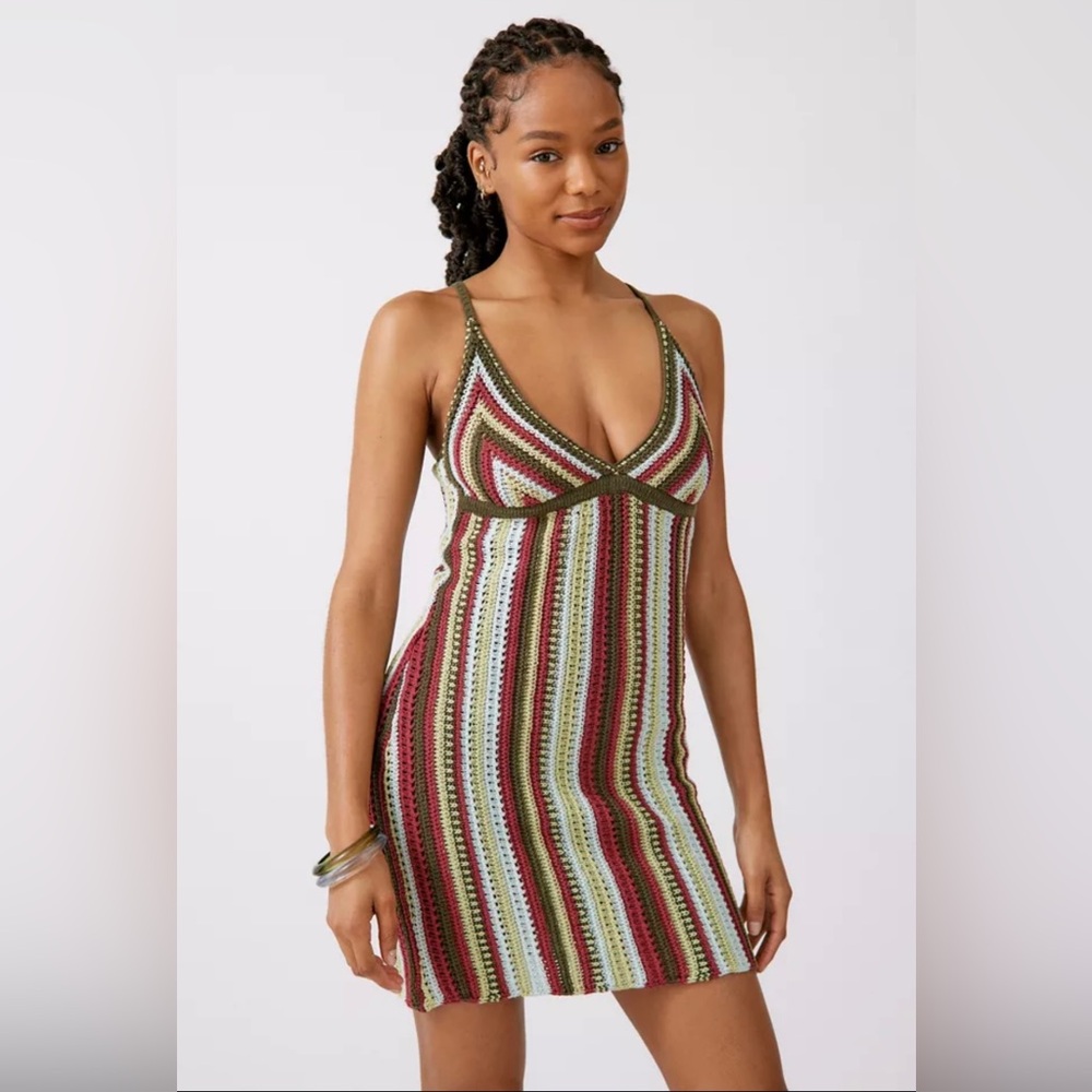 Urban Outfitters Kian Crochet Knit Cotton Blend Stripe Mini Dress Womens Sz Med